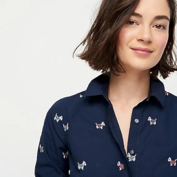 NWT J.crew Navy Blue Perfect Shirt with Embroidered Scottie Dogs Slim Fit 14 - Picture 5 of 10